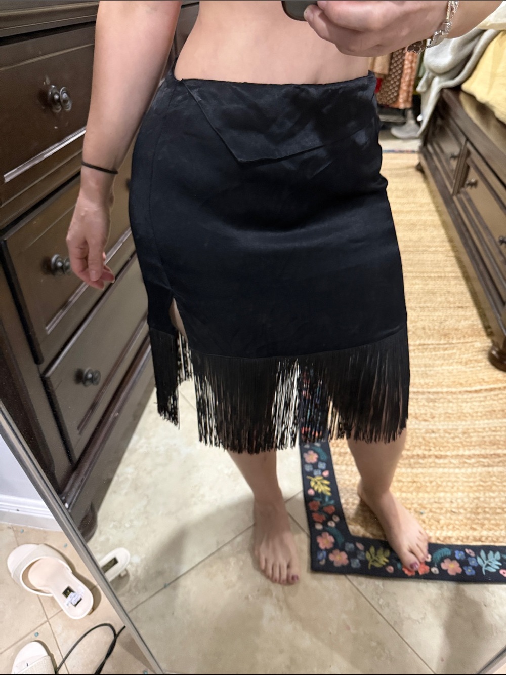Zara Black Fringe Midi Skirt with Side Slit